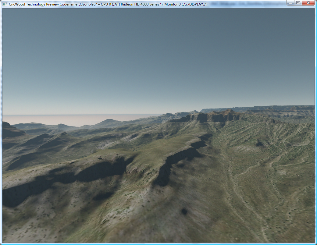 Hier mal ein typischer Screenshot mit direkt & indirekt beleuchtetem Terrain und Atmosphäre. Wer genau hinschaut, kann den Mond erkennen (Mondphasen usw. simuliere ich selbstverständlich auch)